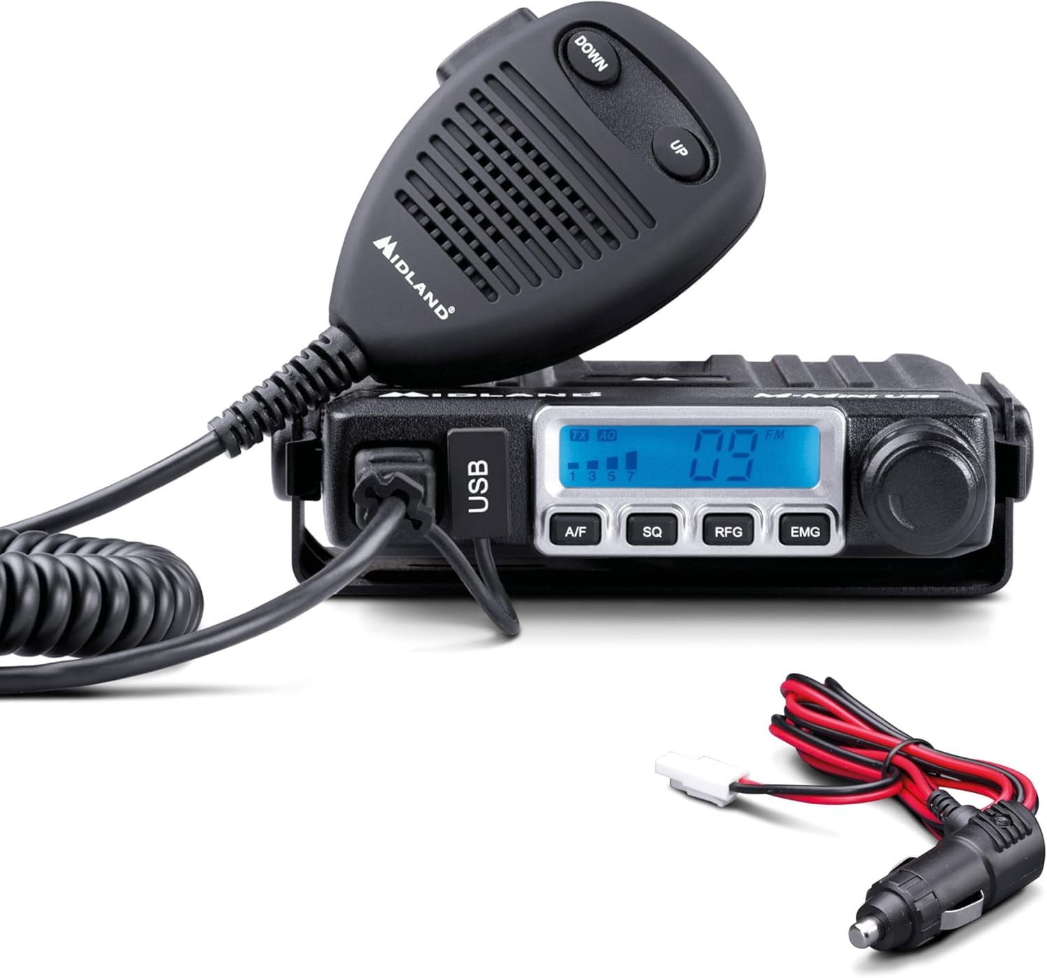 Midland - Emisora CB M-Mini USB sin Licencia, Multibanda EU, 40 Canales Am/FM, Radioaficionado Profesional, Pantalla LCD con S-Meter, 2 Modos de Squelch, Cable USB C Carga Rápida, Altavoz Externo