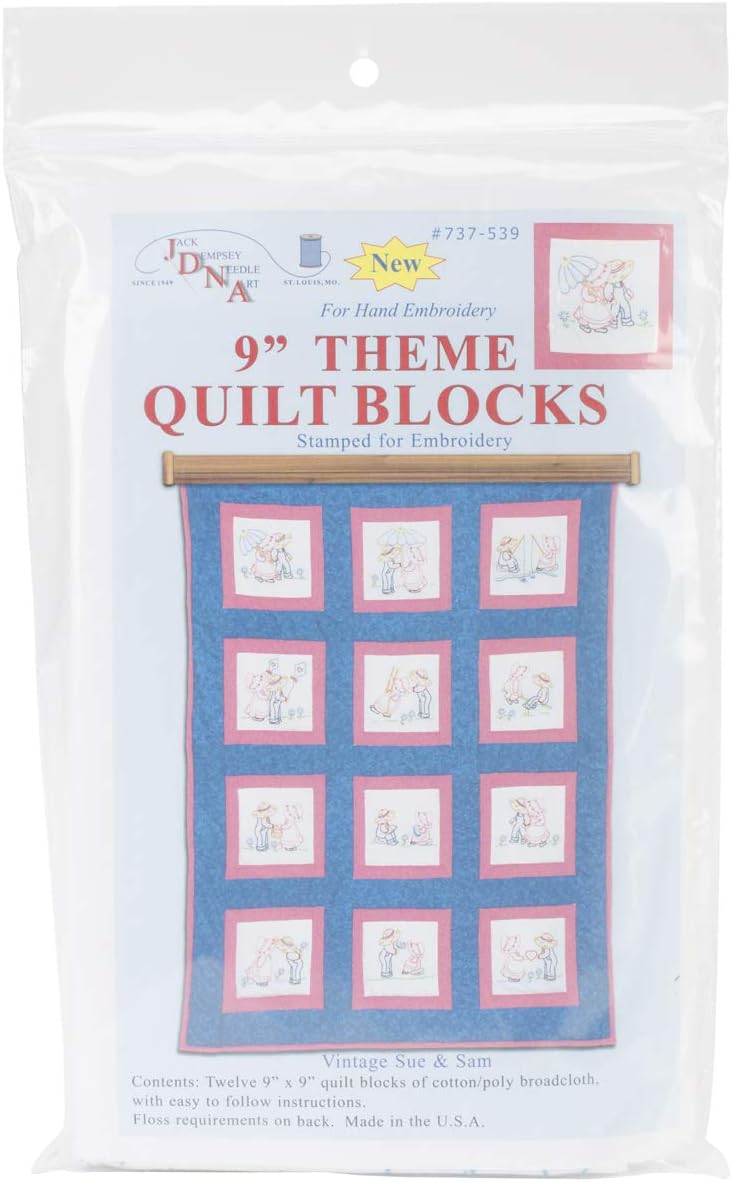Jack Dempsey Themed Stamped White Quilt Blocks 9X9 12/Pkg-Sunbonnet Sue & Sam