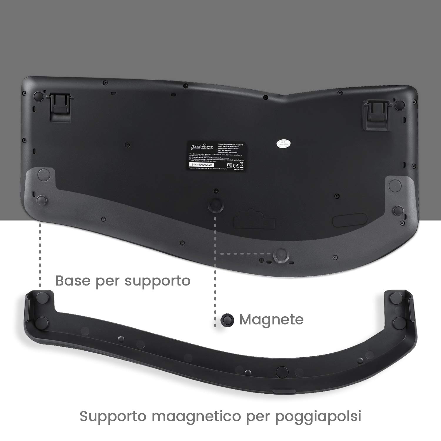Perixx Periduo-605 Set Mouse Verticale e Tastiera Wireless Ergonomici, Tasti Silenziosi, Poggiapolsi, Rotella di Scorrimento, Layout QWERTY Italiano