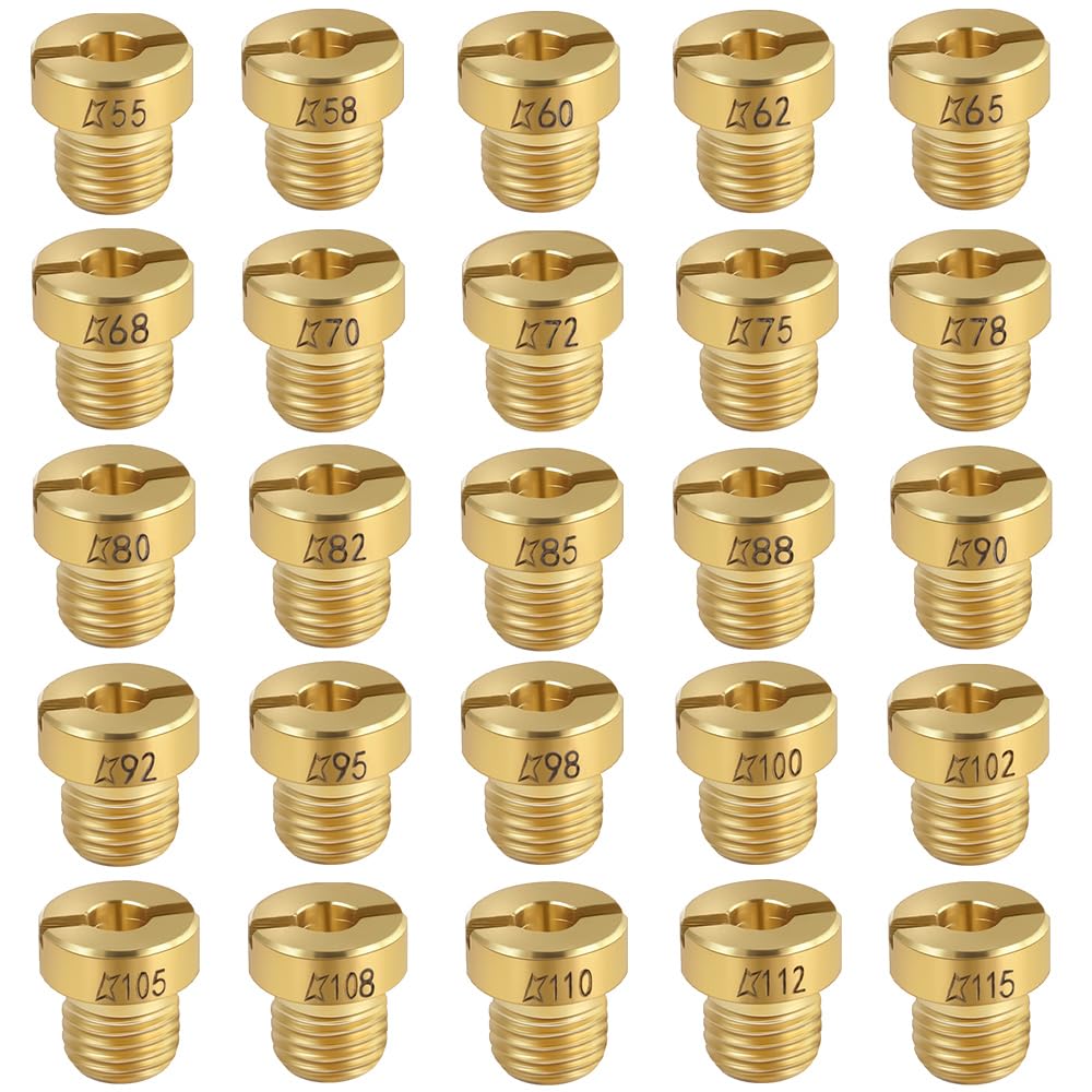 RMENOOR25PCS Carburettor Nozzles, M5 Carburetor Main Jet Kit Metal Main Nozzle 55/58/60/62/65/68/70/72/75/78/80/82/85/88/90/92/95/98/100/102/105/108/110/112/115 for Scooter, Motorcycle, Switch Moped