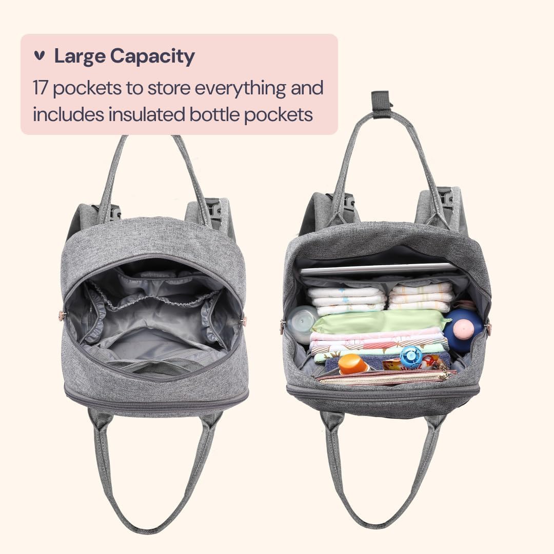 BabbleRoo - Sac à dos à langer multifonction étanche avec matelas à langer, sangles de poussette et étui à tétine - Gris