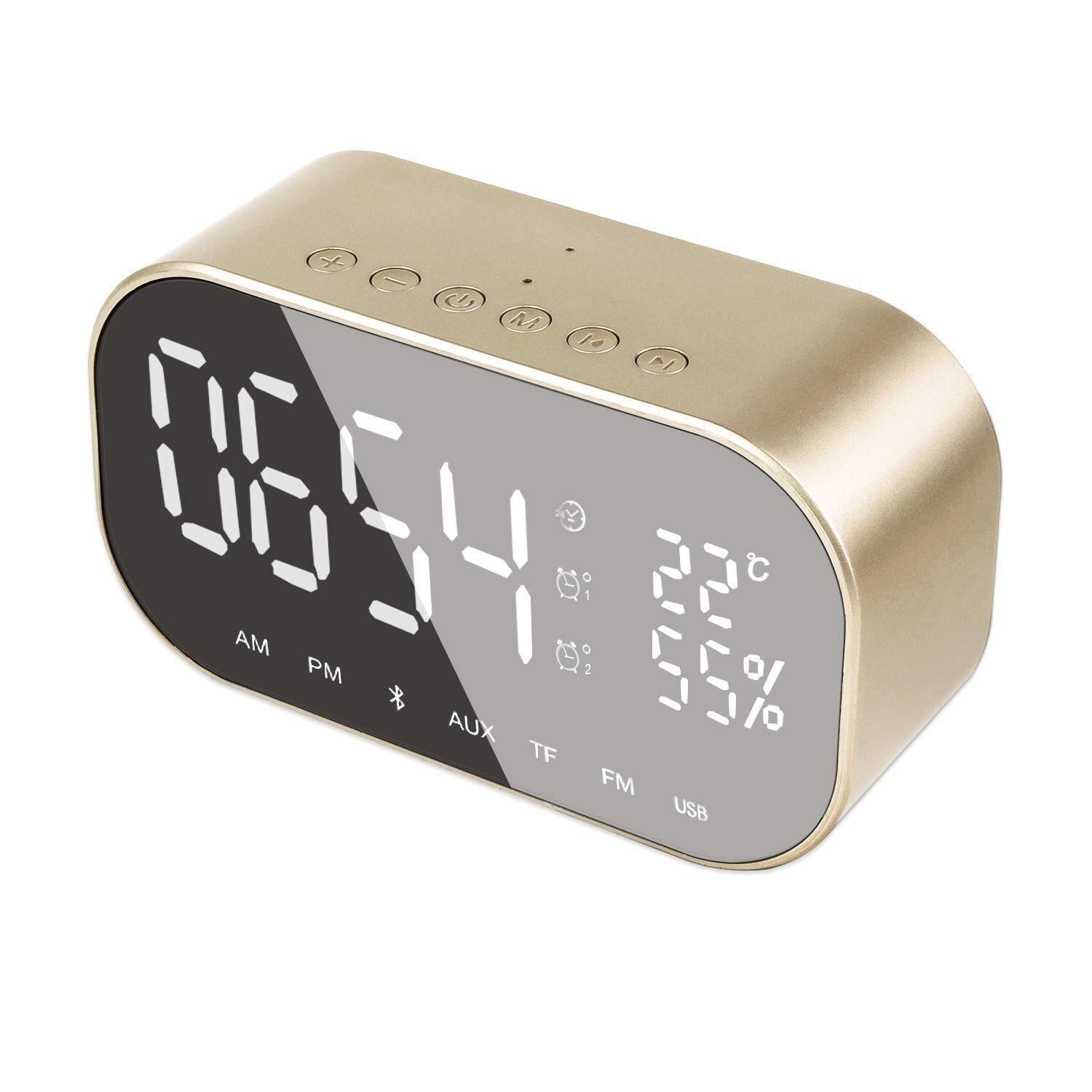 ZzyffGolden Wireless Digital Alarm Clock Bluetooth, Stereo Speaker LED Mirror Small Speaker, Support FM Radio, Built-In Microphone, Metal Case