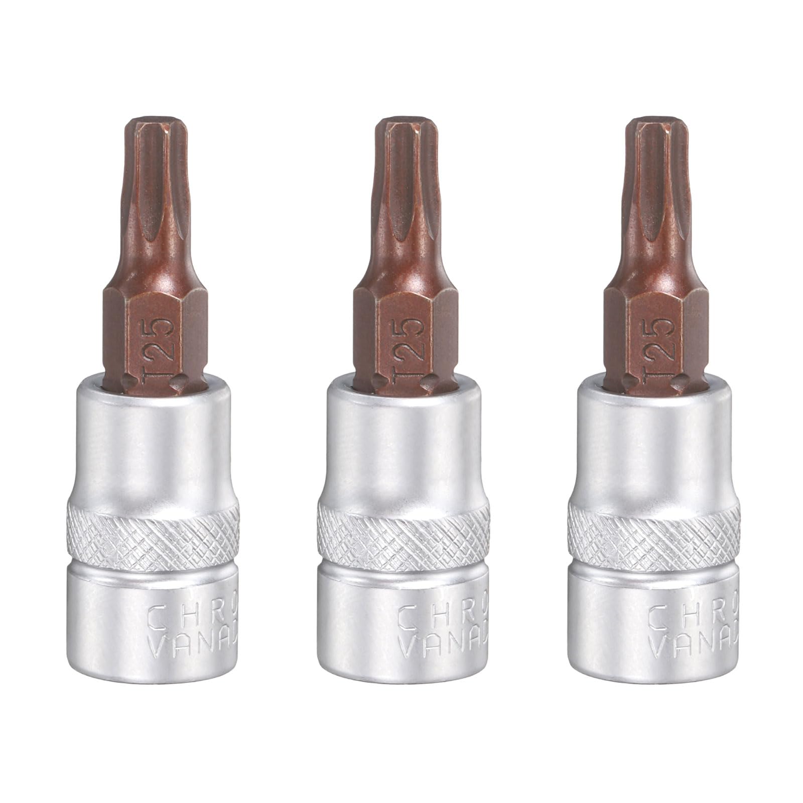 sourcing map 3pcs T25 Torx Bit Socket 1/4" Square Drive Metric S2 & CR-V Steel Socket Ratchet Wrench Industrial Grade Bits, Silver Red