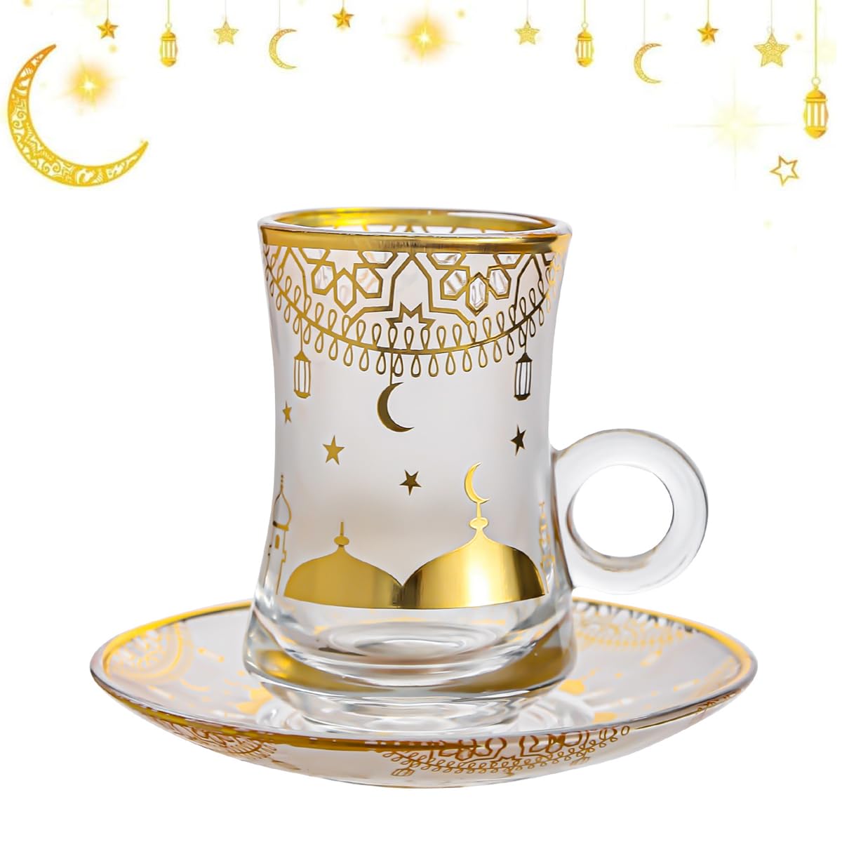 Ramadan Glass Cup,Personnalized Turkish Tea Glasses Cups and Saucers Espresso Coffee Mugs with Gold Star Moon Embossed Pattern Eid Mubarak Glassware Drinking Teacup Set,120mL with Handle (Moon)