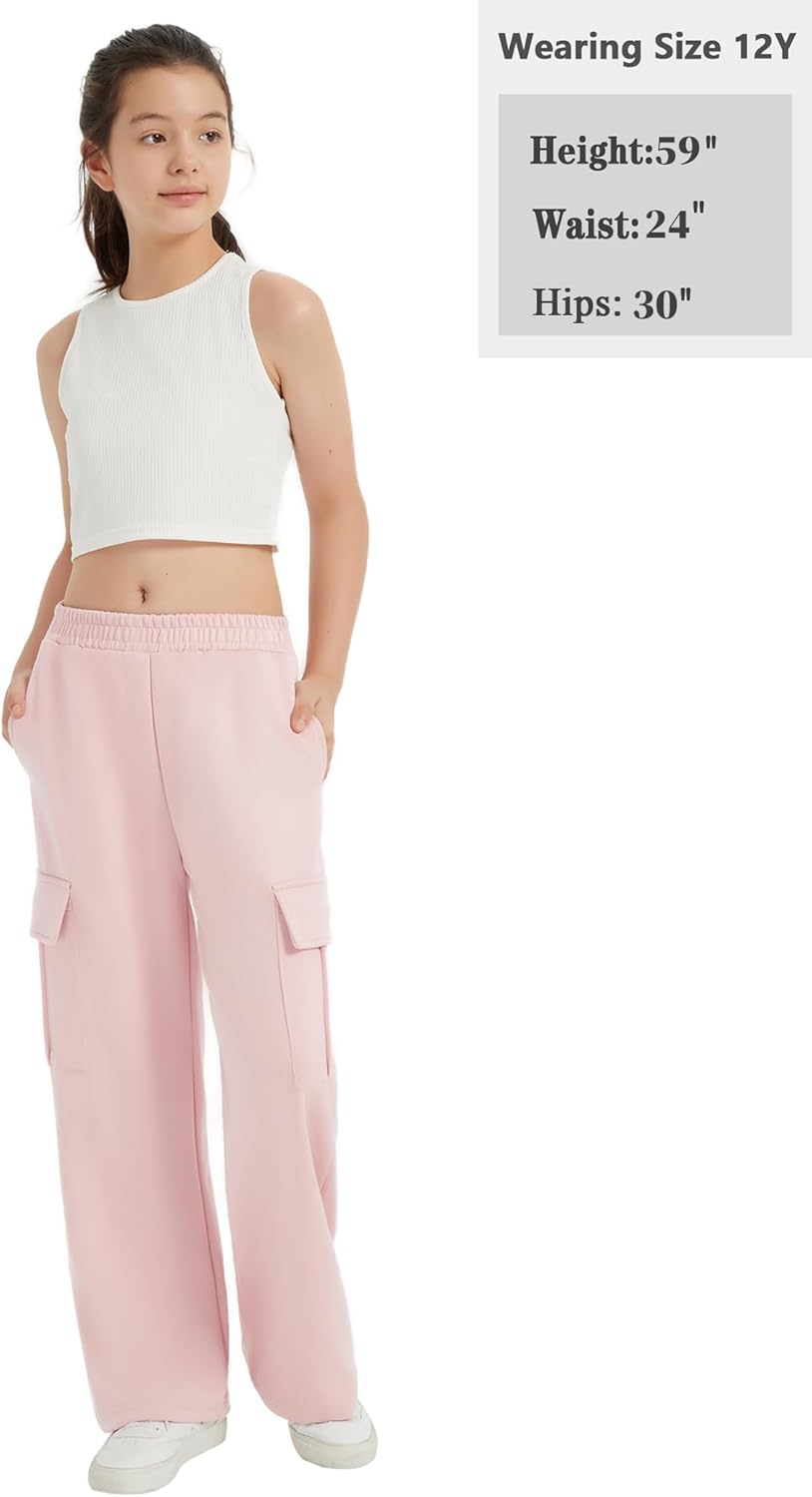 EXARUS Girls Sweatpants with Cargo Pockets Elastic Waistband Wide Leg Causal Kids High Waisted Pants 6-14Y - Image 5