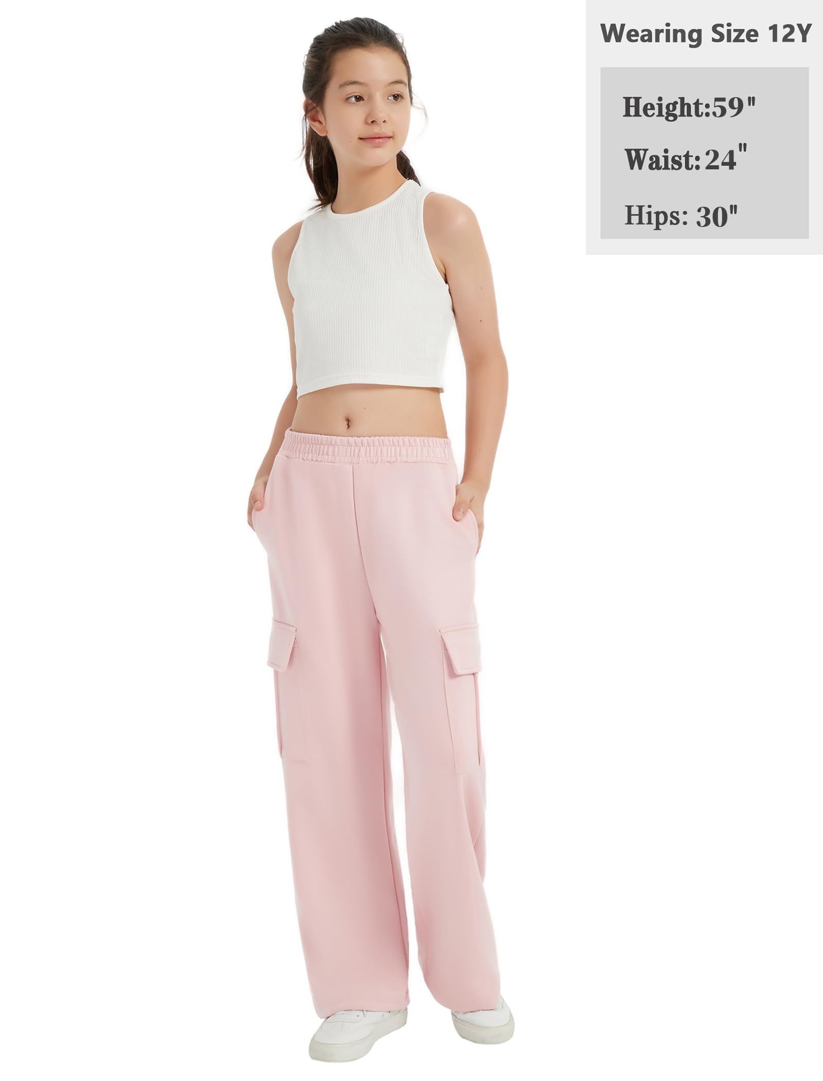 EXARUS Pantaloni della tuta da ragazza con tasche cargo elastico in vita gamba larga pantaloni casual per bambini a vita alta 6-14 anni