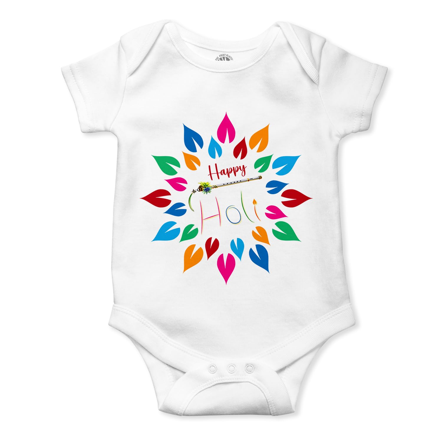 THE PRINT PLATTER White Unisex Half Sleeve Baby Romper With Print | Happy Holi White Romper 100% Organic Cotton Baby Romper With Envelope Neck|R-R49