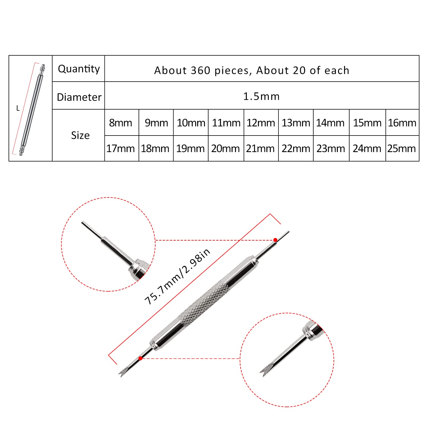 Kit De 396 Broches Et Barrettes à Ressort Pour Bracelet De Montre | Acier Inoxydable | Taille 8-25 Mm | Avec Outil Extracteur