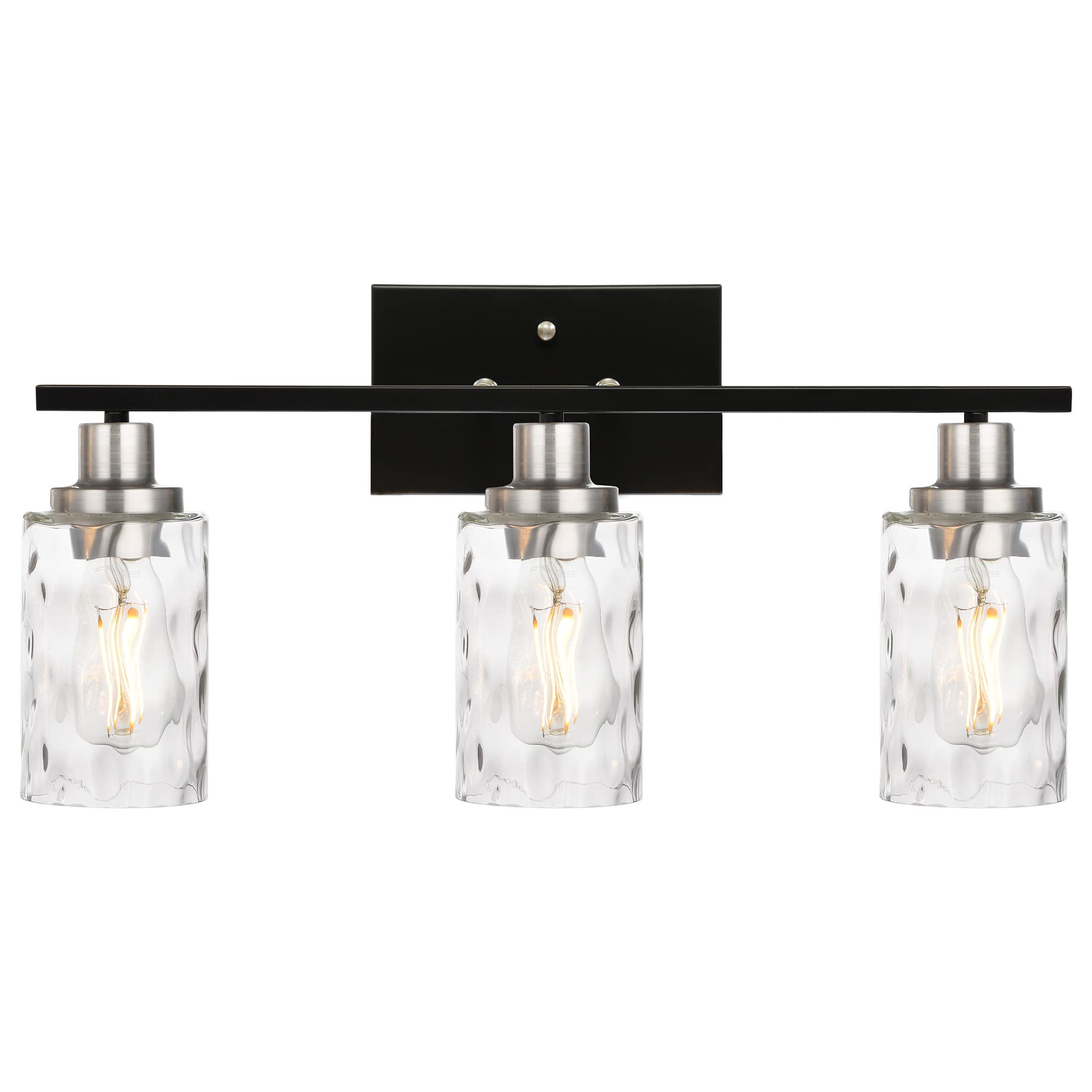 MELUCEE Black Bathroom Light Fixtures Over Sink, 3 Lights Vanity Light Modern in Brushed Nickel with Clear Hammered Glass Shade, Linear Wall Light Fixtures for Porch Bath Hallway