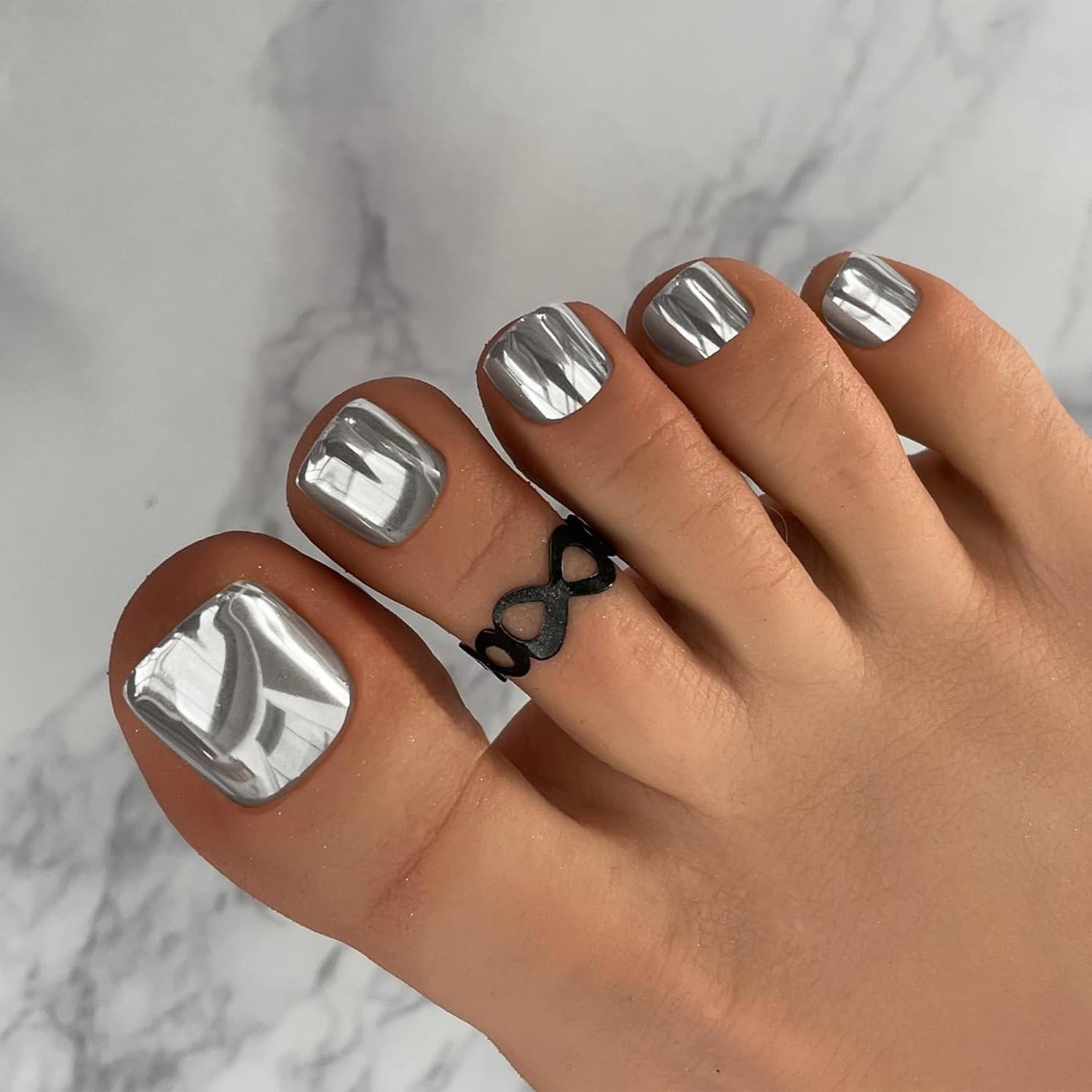 KQueenest Chrome Black Toe Nails False Short Square, Metallic Fake Toe Nails, Sparkle Bling Acrylic Press on Toes Nail