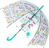 Guarda-Chuva Infantil Transparente com Estampa de Unicórnio Design Curvado Automático Cabo