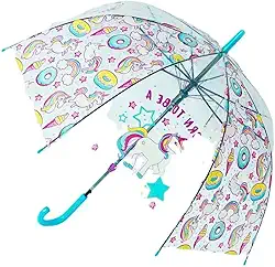 Guarda-Chuva Infantil Transparente com Estampa de Unicórnio Design Curvado Automático Cabo