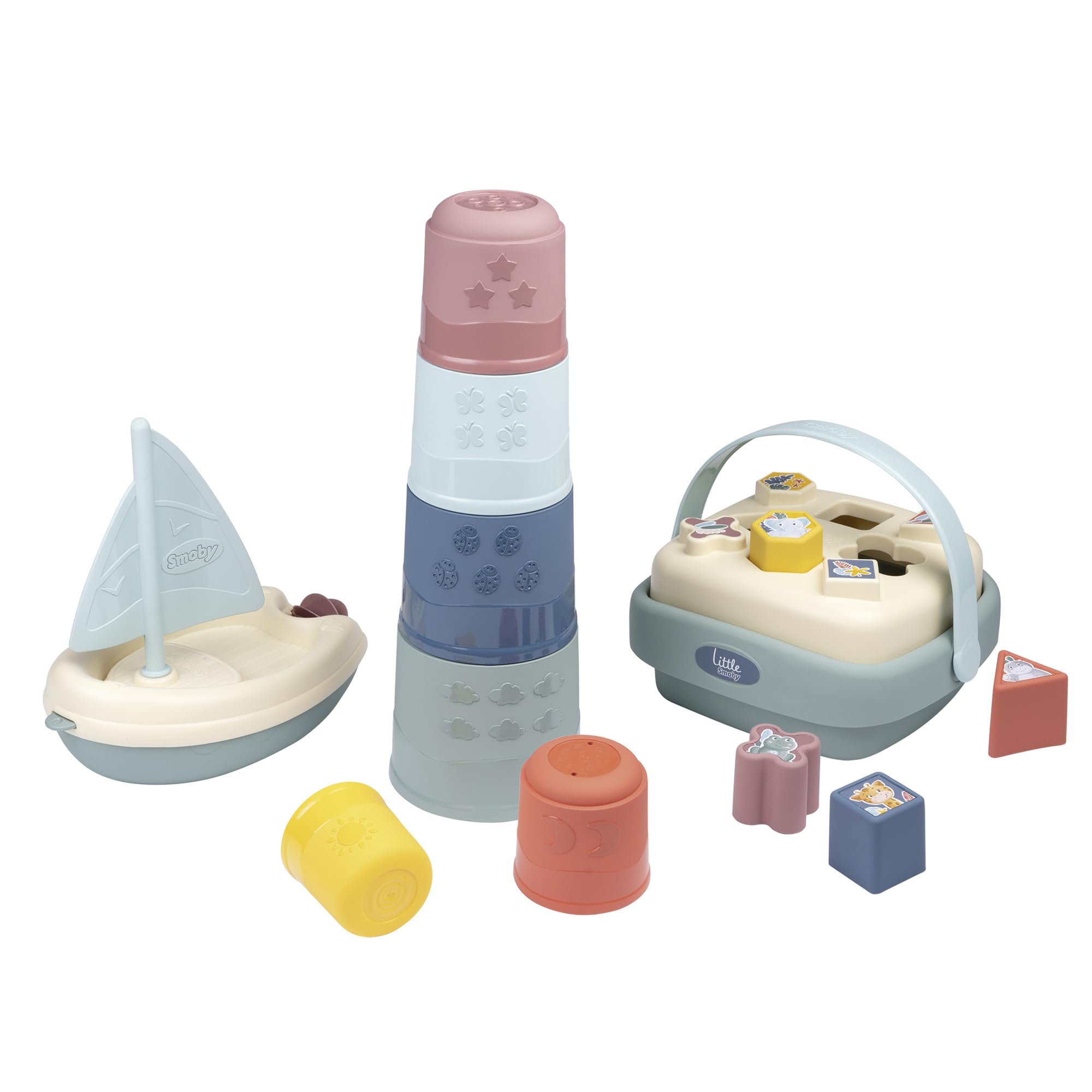 Smoby Little Early Learning and Bath Set - Shape Recognition - Motor Skills - Magic Tower - Shape Basket - Sailing Boat - From 12 Months - Made in France