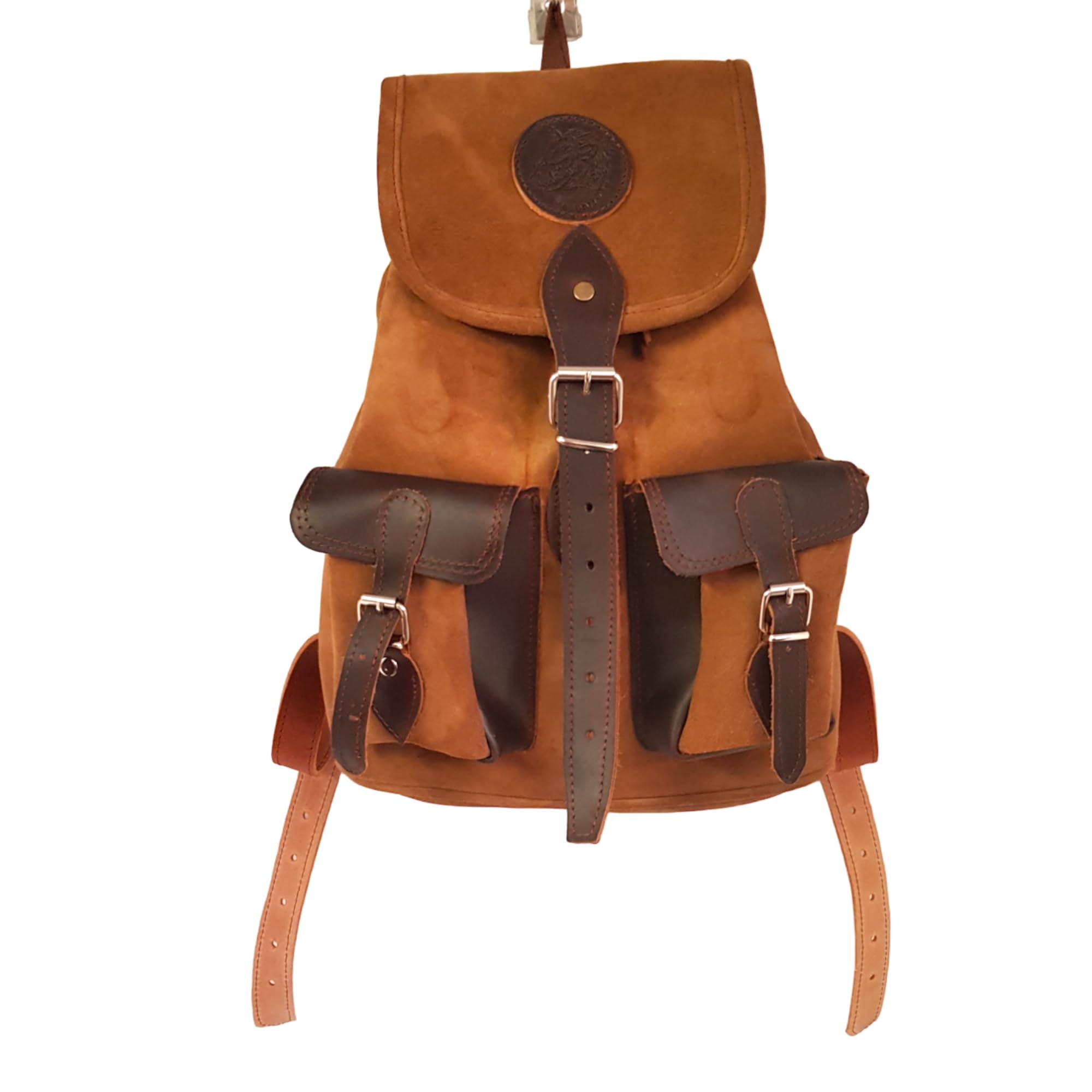 Mochila de caza en serraje y piel, con dos bolsillos frontales