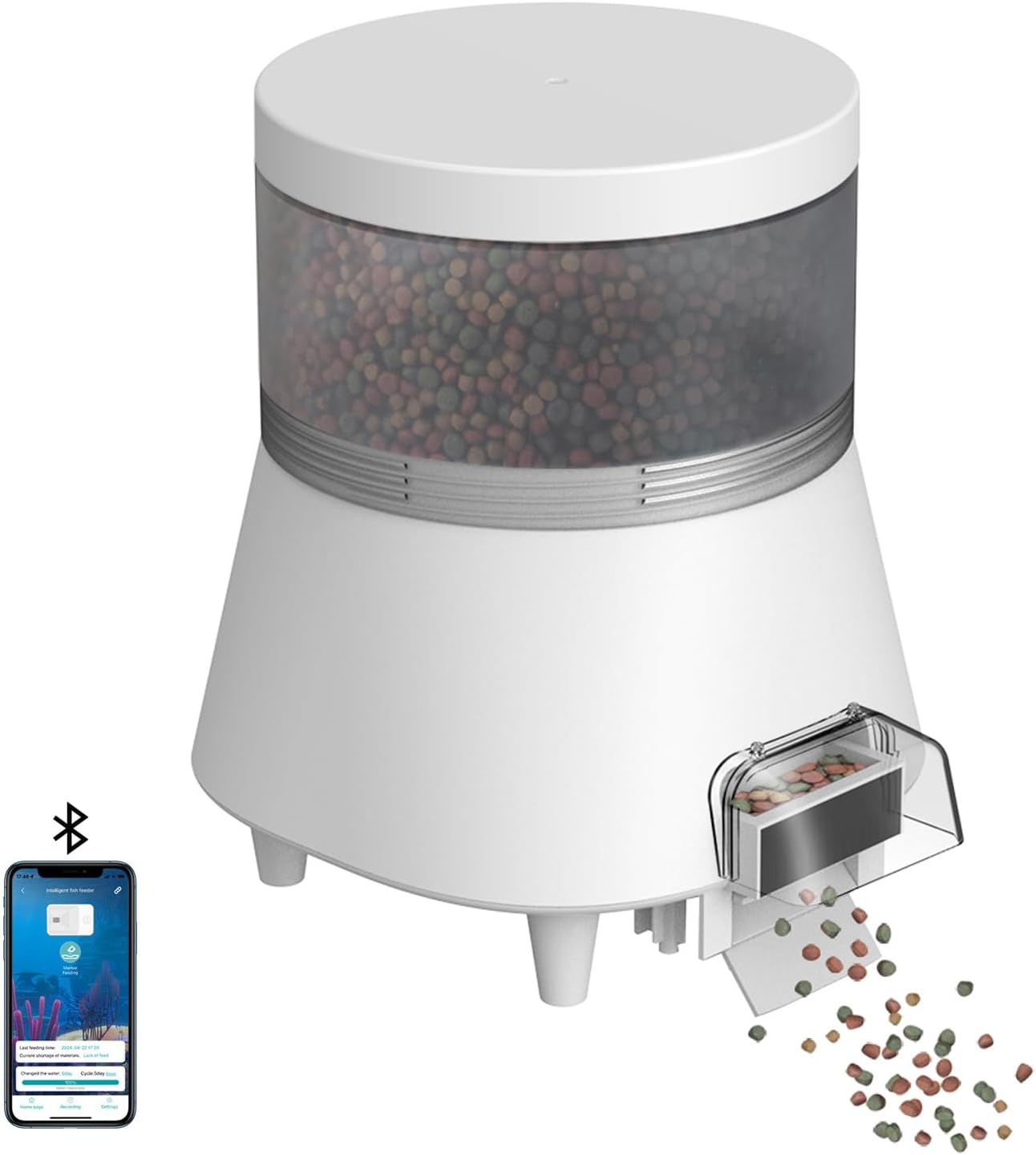 Automatic Pond Fish Feeder, Programmable Bluetooth APP Timer, Battery and USB 5V Powered, Large Outdoor Rainproof Koi Fish Feeder, Capacity 4L White, WP8623B