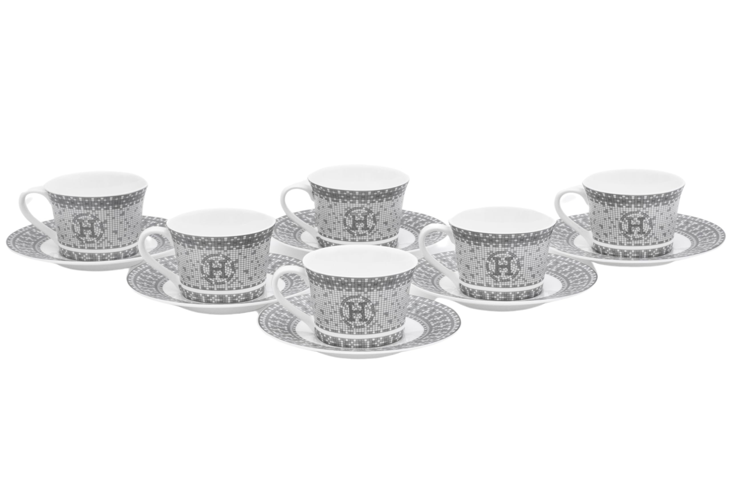 Porcelain Tea Set for 6 - Cups (6 oz) and Saucers - 12 Piece Tea Party Set for Black Tea, Cappuccino or Decor - Gorgeous Mosaic Design with Silver Accents - For All Occasions (12 Piece Set)