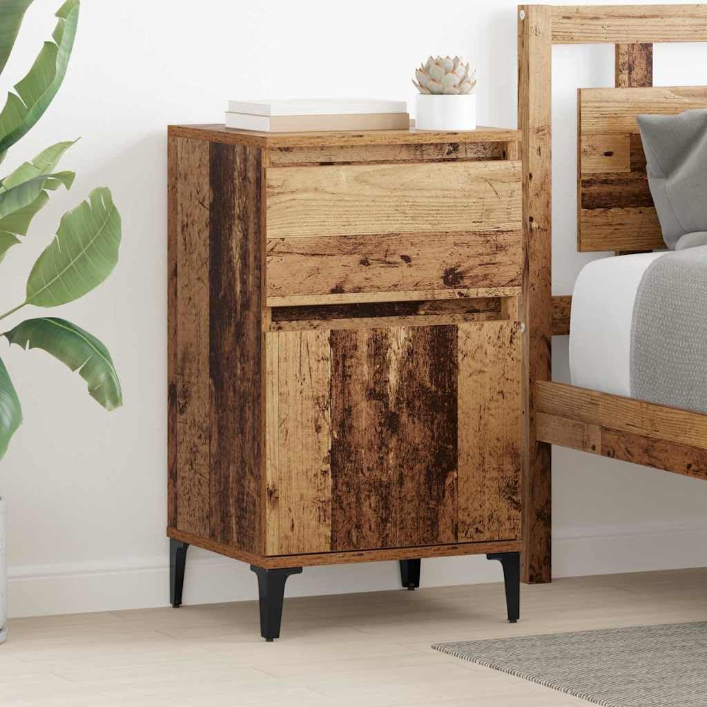 Juego de 2 mesitas auxiliares de madera con aspecto de madera envejecida | Mesas auxiliares compactas para el dormitorio con patas de acero resistentes y práctico cajón de diseño industrial.
