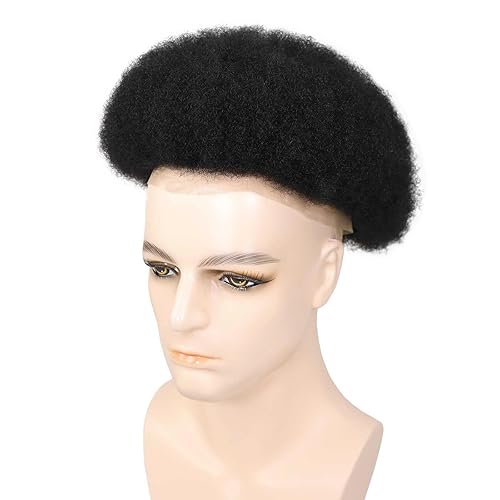 Miniatura 4 de HAPPY&CC Peluca de cabello humano tipo tupé para hombre, sistema de reemplazo de cabello de encaje suizo completo, negro, afro tupé, afroamericano,
