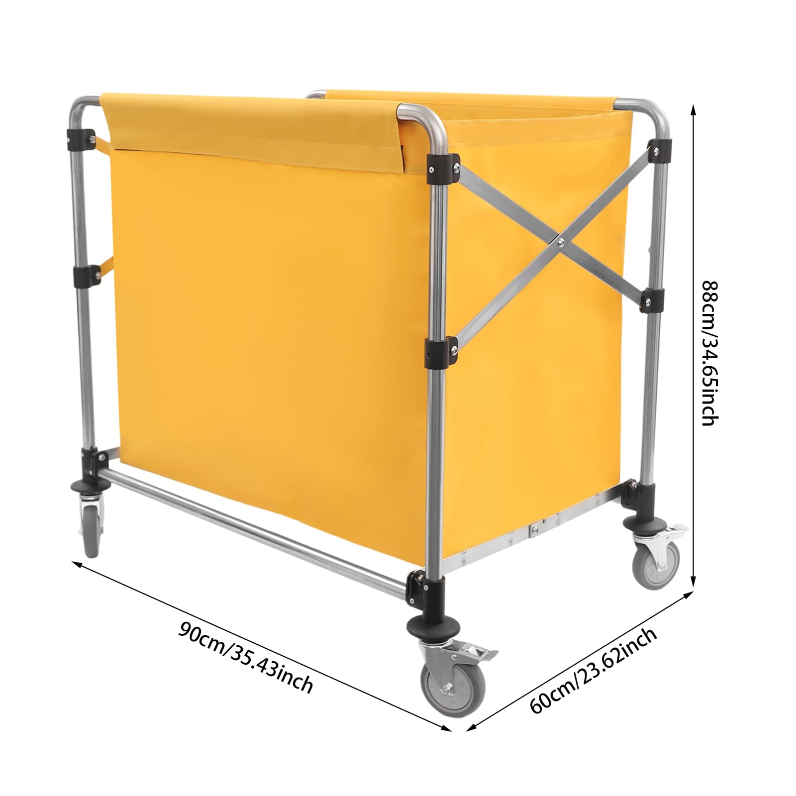 Carro de lavandería plegable de acero inoxidable con ruedas, gran volumen 90 x 60 x 88 cm, comercial, con tela Oxford, bolsa para hotel/lavandería/hogar, amarillo