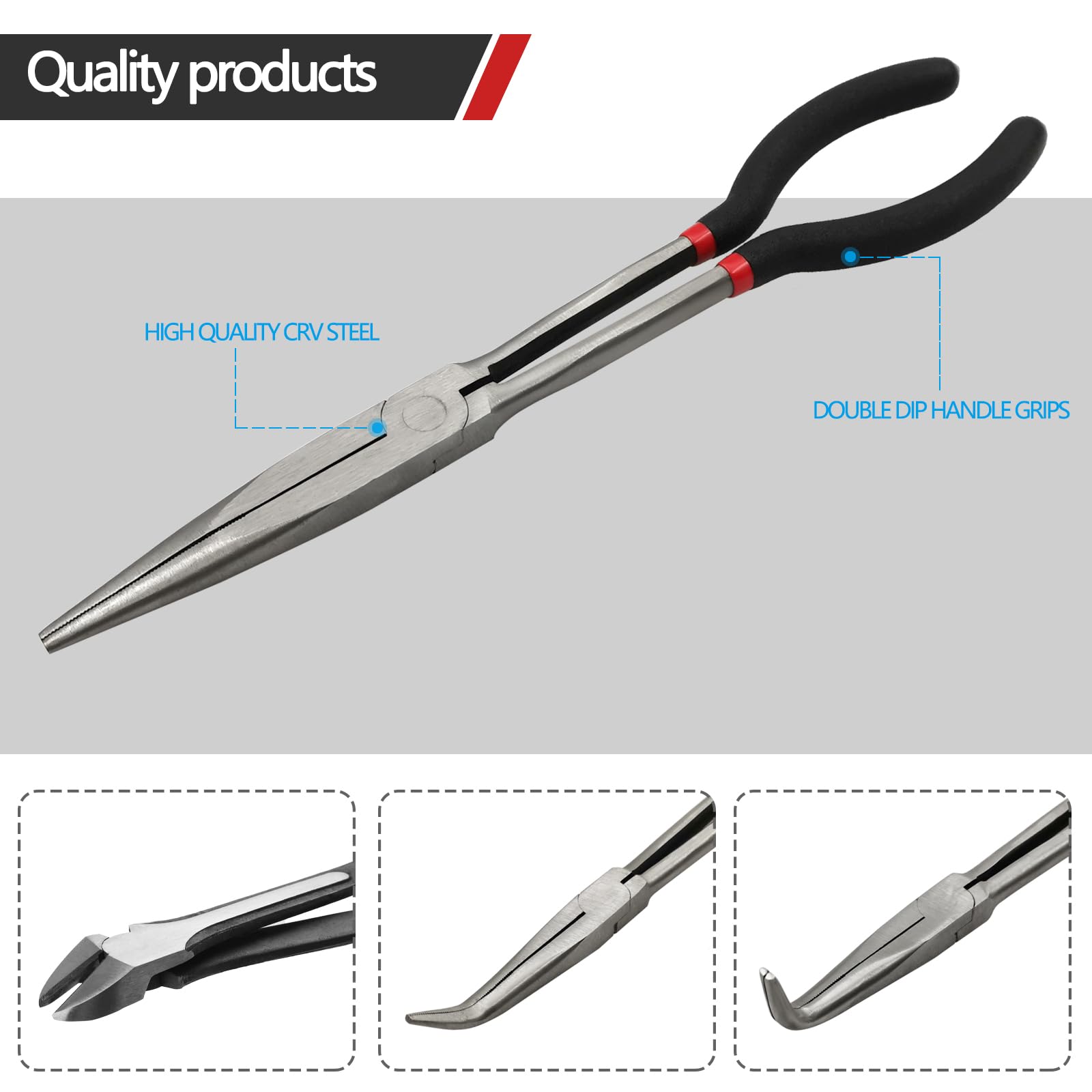 4-Piece 11" Extra Long Needle Nose Pliers Set with Insulated Comfort Grip, Straight Long Reach, 45/90°Bent Nose & Diagonal Pliers for Bending, Shaping & Trimming in Narrow Spaces