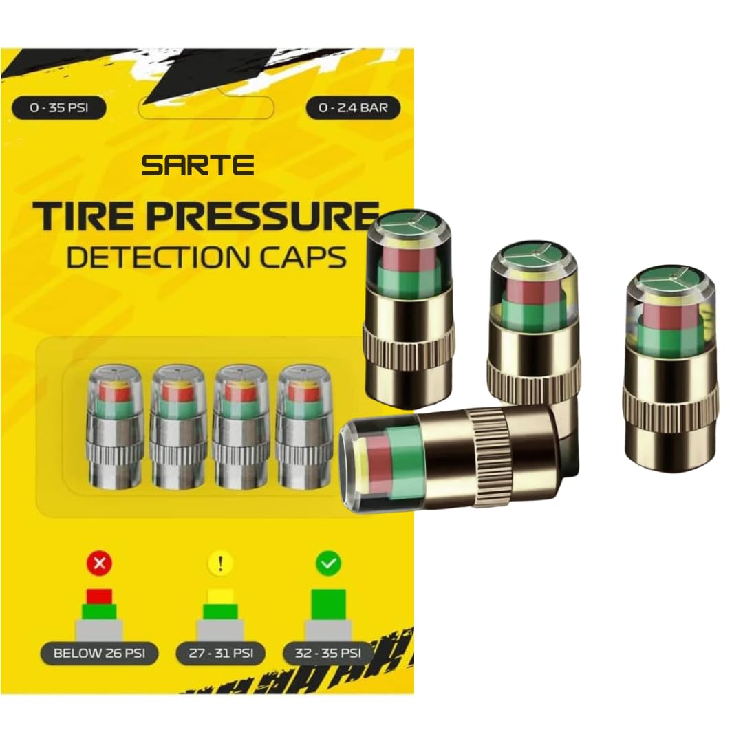 DETACHI Aluminum 4 Pcs Car Tire Pressure Monitor Valve Dust Cover Air Stem Caps, Sensor Indicator, Tyre Pressure Radium Caps, Modification & Decoration Accessories for Car, Bikes, Trucks, Motorcycles