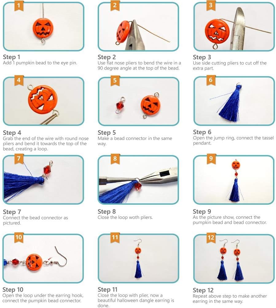 SUNNYCLUE 1 Box Make 10 Pairs Halloween Theme Dangle Earring Jewelry Making Starter Kits Skull Pumpkin Ghost Witch Beaded Tassel Earring Making Supplies, Instruction