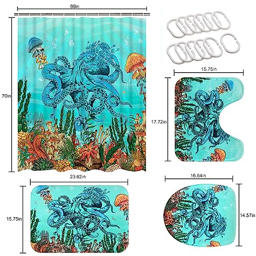Ikfashoni 4 Pcs Octopus Nautical Shower Curtain Sets With Rugs, Toilet Lid Cover And Bath Mat, Ocean Kraken Tentacle Shower Curtain With 12 Hooks, Jellyfish Sea Animal Shower Curtains For Bathroom #TOP6