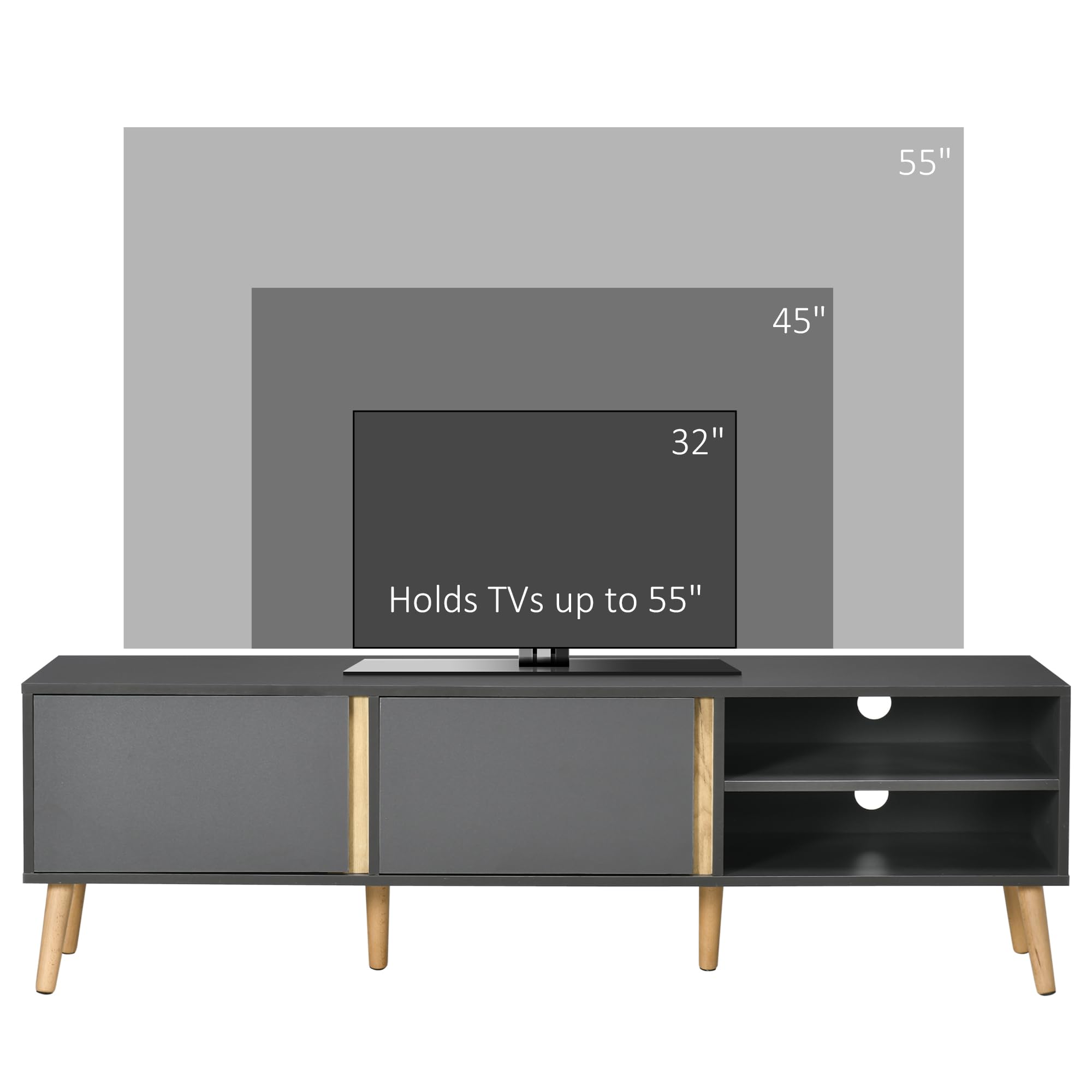 HOMCOM Mobile TV Design scandinavo 55 pollici 150 x 35 x 45 cm, grigio scuro | Panca TV, 2 porte, 2 nicchie, con passacavi, per TV fino a 55 pollici