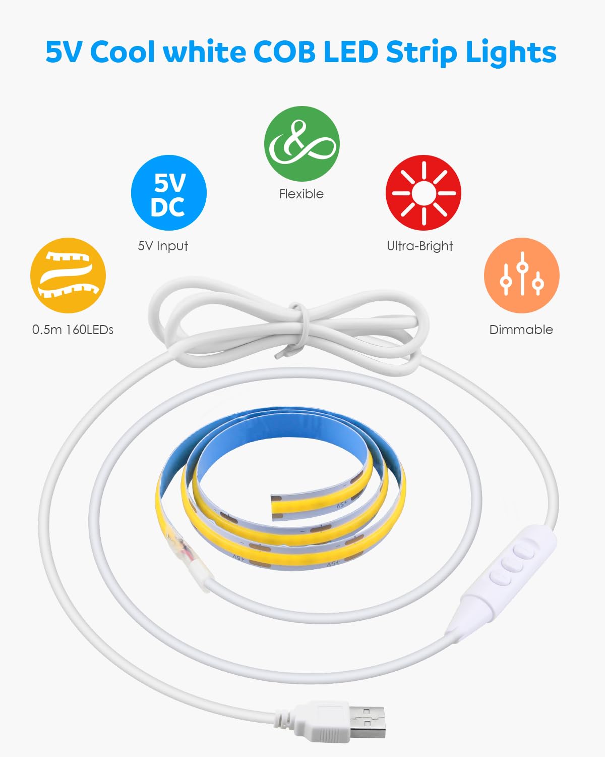 Aclorol 5V USB COB LED Strip Light Cool White 6000K Dimmable Short LED Strip Lights 0.5M CRI85+ Bright and Flexible LED Tape Lights for TV Backlight Wardrobe Stairs DIY Home Indoor Decoration 160LEDs - Image 3