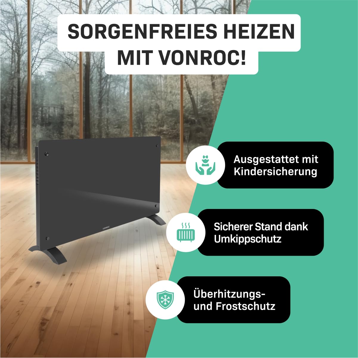 Vonroc Elektroheizung energiesparend 2500W - Konvektor Heizung [30qm Räume] | Mobile Elektrische Heizung [App/Touch Steuerung] - Heizkörper 2in1 Wand-/Bodenmontage - Grau