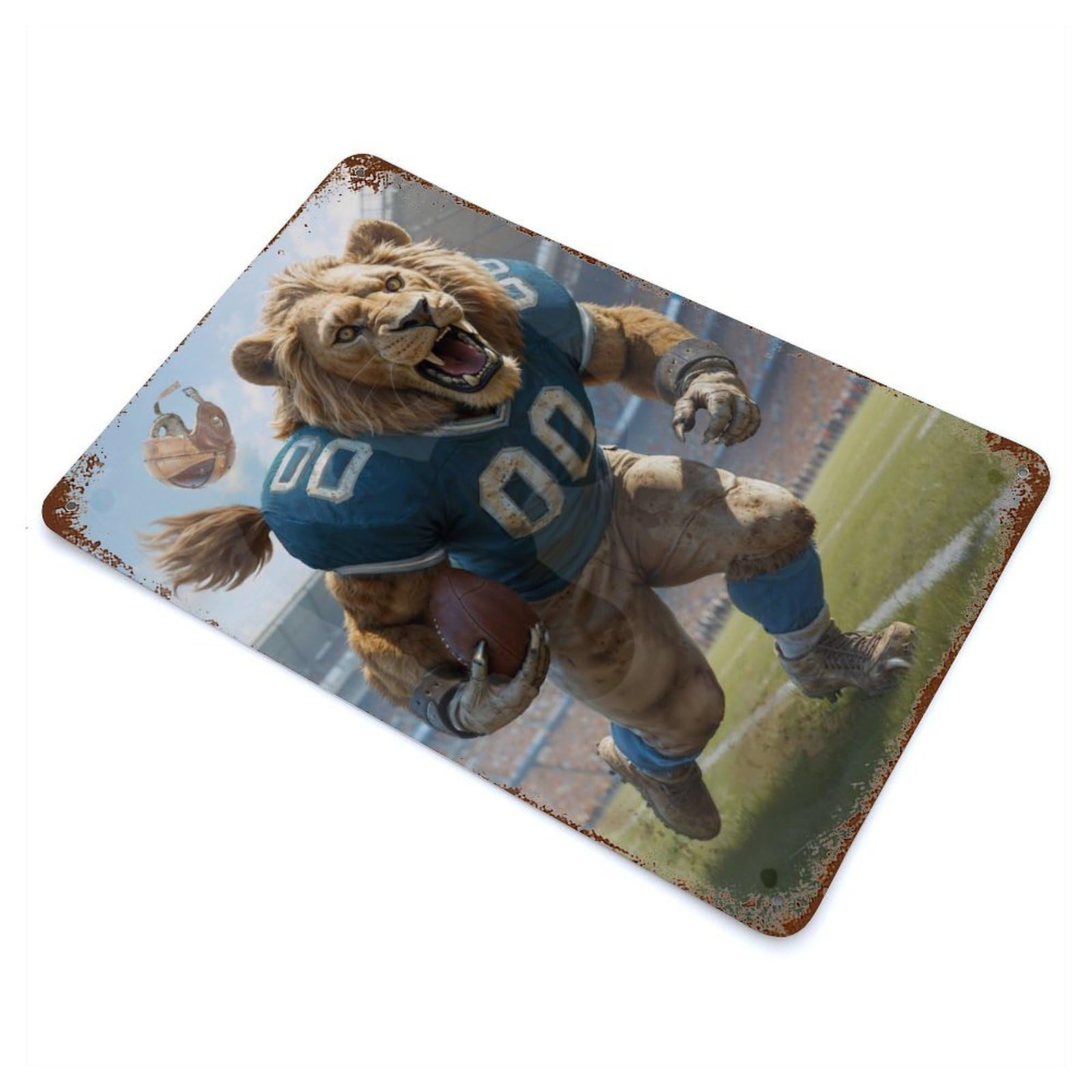 Gridiron Lion Football 11.8"x7.9" Distressed Metal Wall Sign, Shabby Chic Decor for Office, Studio And Wall Decor