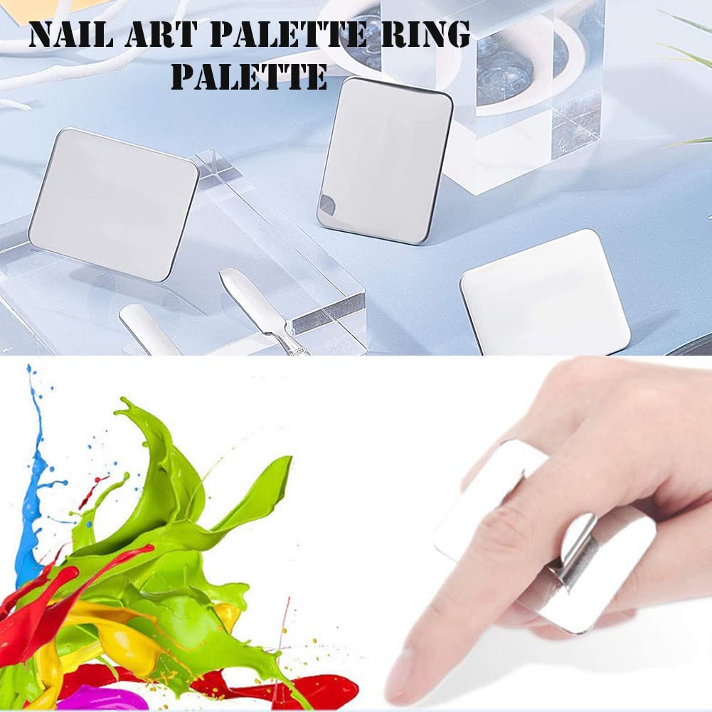 2 piezas de paleta cuadrada de acero inoxidable, mini anillo, paleta de maquillaje, herramientas de pintura de desenfoque de uñas, arte de uñas, se puede utilizar para sombra de ojos, mezcla de 9