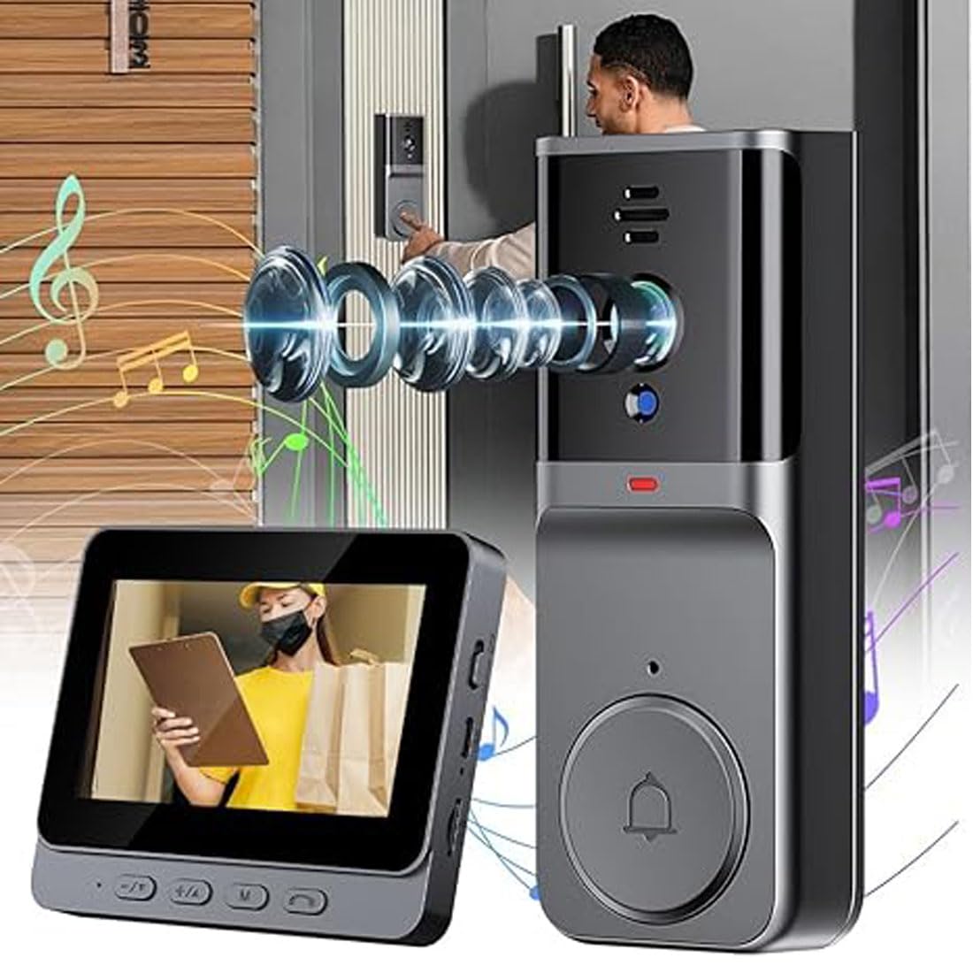 Timbre inalámbrico con cámara y Monitor (1pc) | Timbre inalámbrico sin suscripciones, resolución 1080p, ángulo 170°, pantalla 4.3 pulgadas, IPX65 exterior y visión nocturna