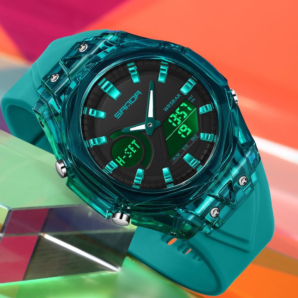 FANMIS Unisex Dual Display Sports Watch - 5ATM Waterproof Tactical Analog Digital Watch with Day-Date, Alarm, Stopwatch & TPU Band – Trendy Quartz Wristwatch for Men & Women (Black Gold) - Image 5