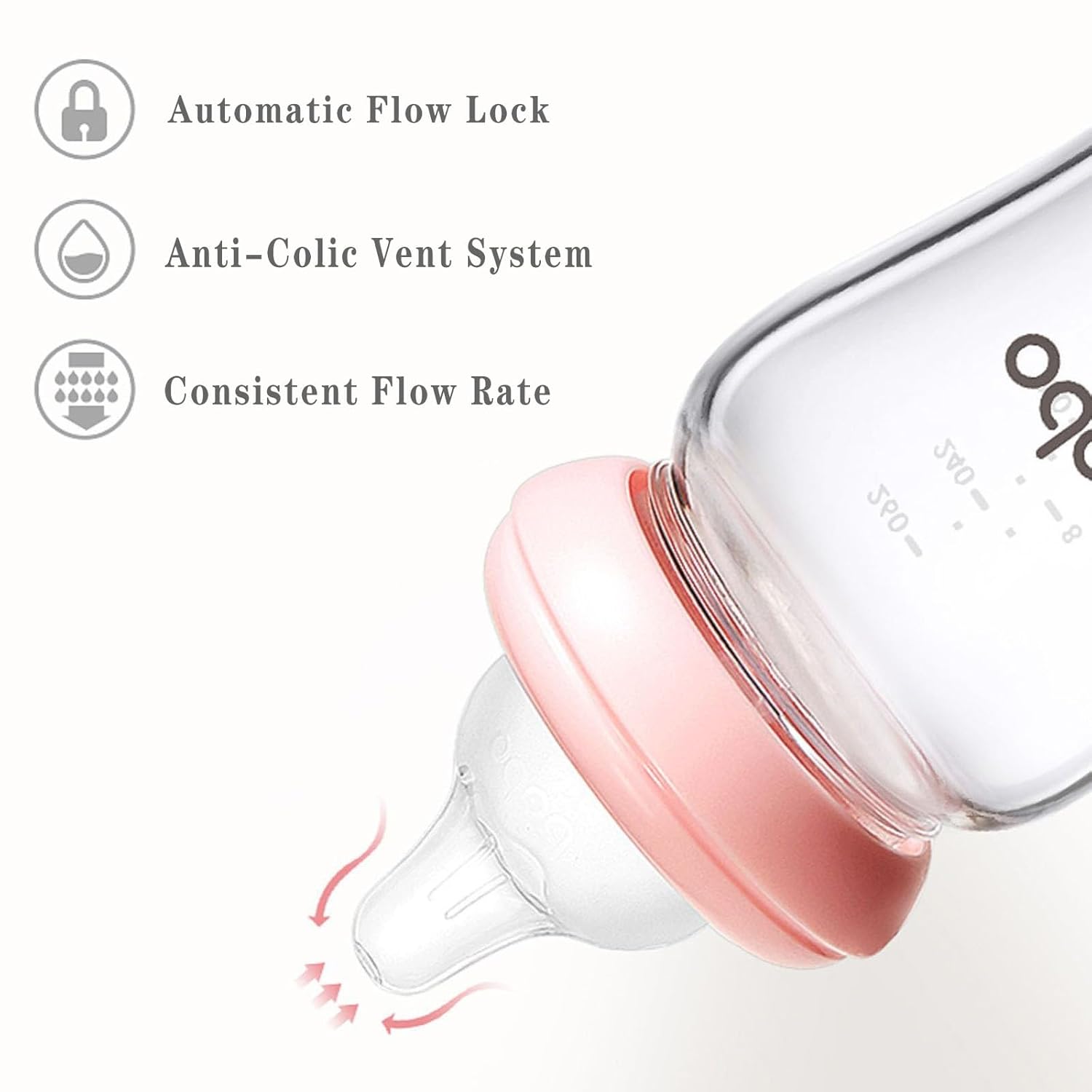 YOHKOH Natural Glass Baby Bottle with Level 1 Slow Flow Nipple, Newborn Anti-Colic Baby Bottles, Wide Neck Mushroom Baby Glass Bottle (3.4oz (Pack of 4), Red)