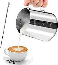 JOPHEK Milchkännchen, Handheld Edelstahl Aufschäumkännchen, Kaffee Creamer Milch Aufschäumer Kännchen Tasse mit Messung Mark und Latte Art Pen, Milchkännchen Perfekt für Barista Espresso Latte (350ml)