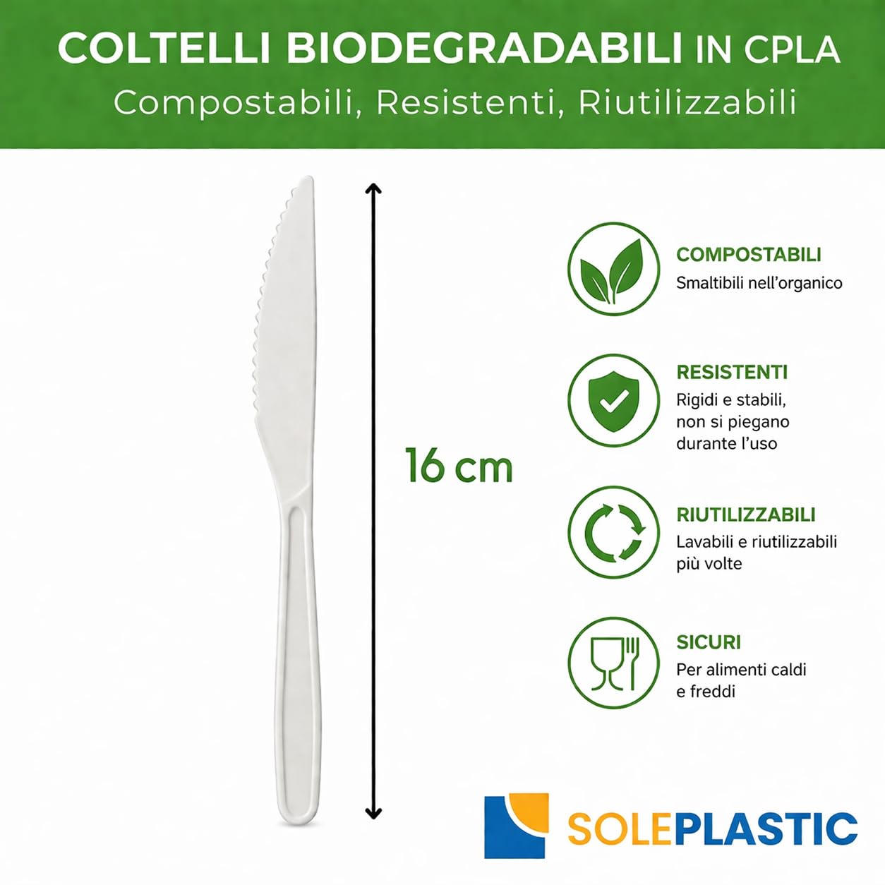 SOLEPLASTIC 50 Coltelli Riutilizzabili da 16 cm Bianco, Posate Ecologiche Resistenti per Catering, Feste, Eventi, Casa e Buffet