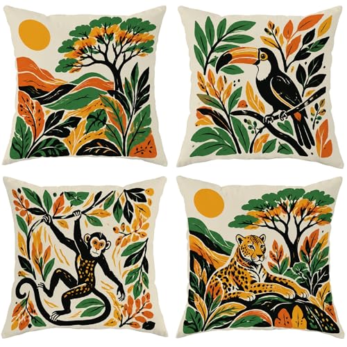 Toucan Housse de coussin d'extérieur lavable en machine pour patio, porche, terrasse, mobilier d'extérieur, singe tropical, léopard, vert d'été, 30,5 x...