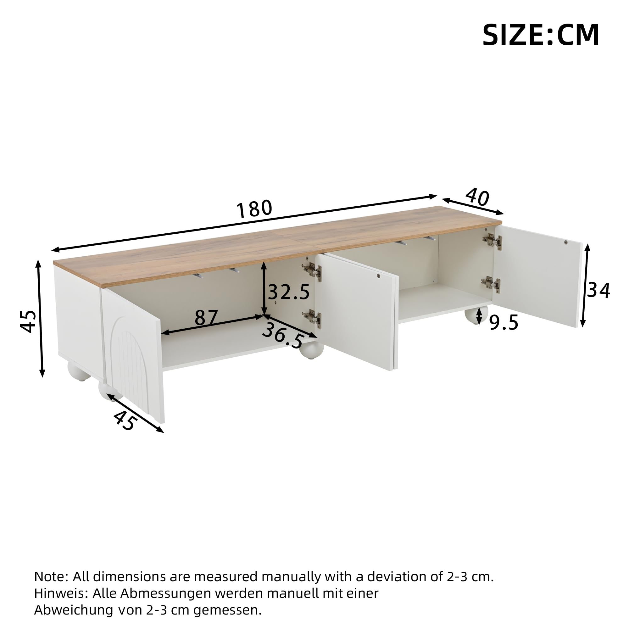 Armario de TV con 4 armarios, soporte para TV y armario de televisión con 6 patas de bola de metal, adecuado para televisores de 80 pulgadas, color madera + blanco, 180 x 40 x 45 cm