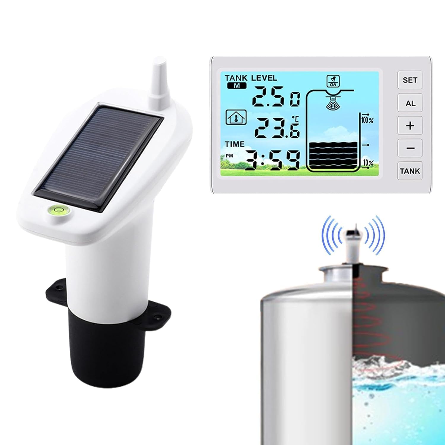 Détecteur de niveau par ultrasons, jauge de niveau pour citerne, capteur de niveau par ultrasons (fonctionnant sur piles) avec écran séparé, multifonctionnel ultrasonique pour réservoir d’eau et
