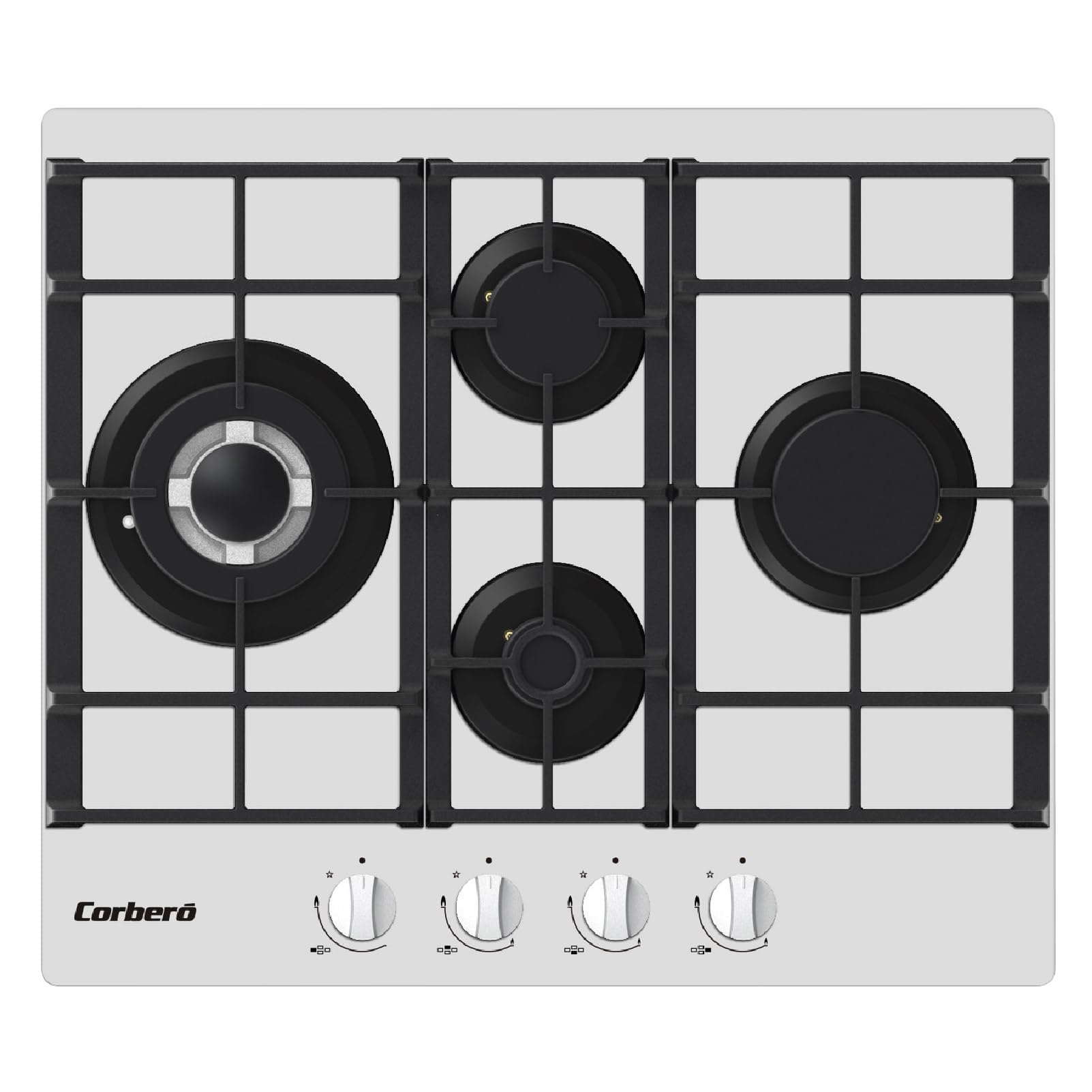 Corberó - szklana płyta gazowa LUX | CPCGM4F4126W | 4 strefy | moc 8,05 kW | samozapłon | strefa WOK | warstwa ochronna Clean + | automatyczne wyłączanie | białe szkło