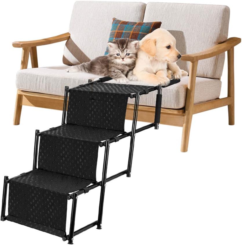 Upgraded Pet Dog Step Stairs, Accordion Metal Frame Folding Pet Ramp for Indoor Outdoor Use, Lightweight Portable Large Dog and Cat Ladder, Great for Cars, Sofa, Couch and High Bed, 3 Steps