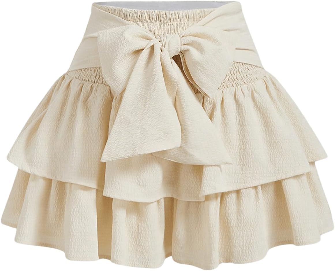 Women's Bow Front Mini Skirt High Shirred Waist Layered Ruffle Hem Short Cake Skirts