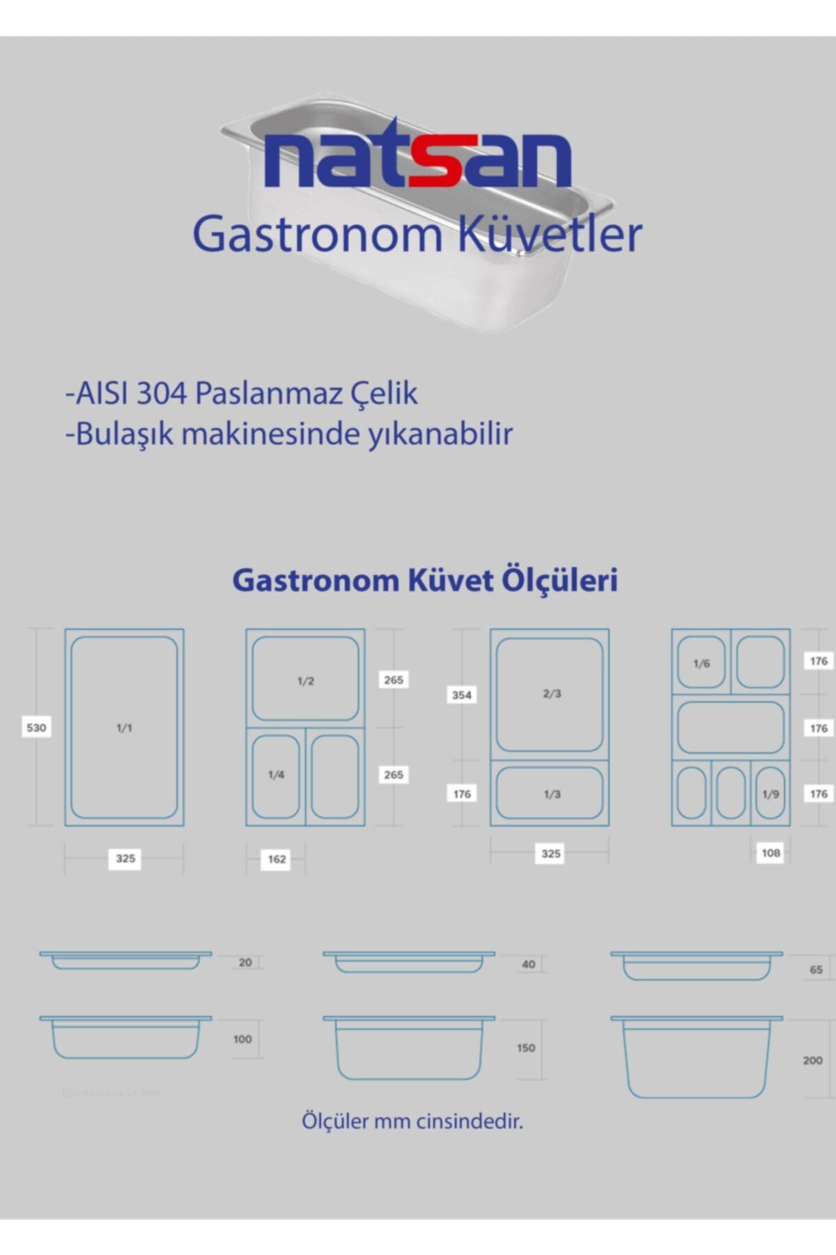 Paslanmaz Çelik Gastronom/gastronorm Küvet Gn 2/3-40 (35,4 X 32,5 X 4 CM)