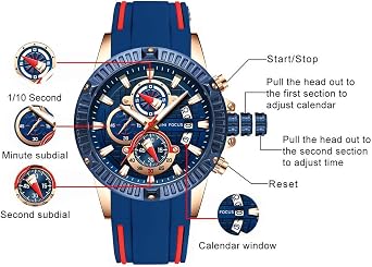 MF MINI FOCUS Mens Chronograph Waterproof Sports Analog Quartz Silicone Band Fashion Wrist Watch for Men