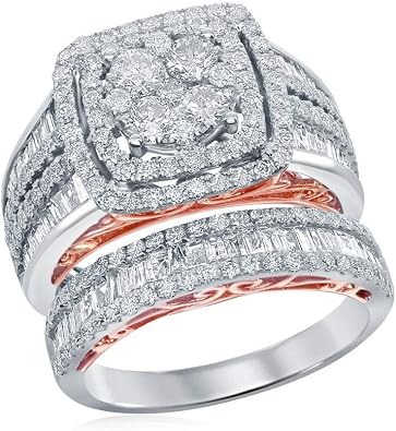 14kt Two-tone White Gold Womens Round Diamond Cluster Bridal Wedding Engagement Ring Band Set 2-5/8 Cttw I1-I2 clarity; G-H color