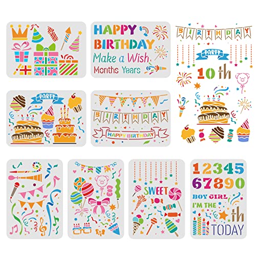 FINGERINSPIRE 8pcs Bithday Party Drawing Painting Stencils Templates 29.7x21cm Bithday Theme Templates Decoration Happy Bithday Drawing Stencil for Painting on Wood Wall and Fabric