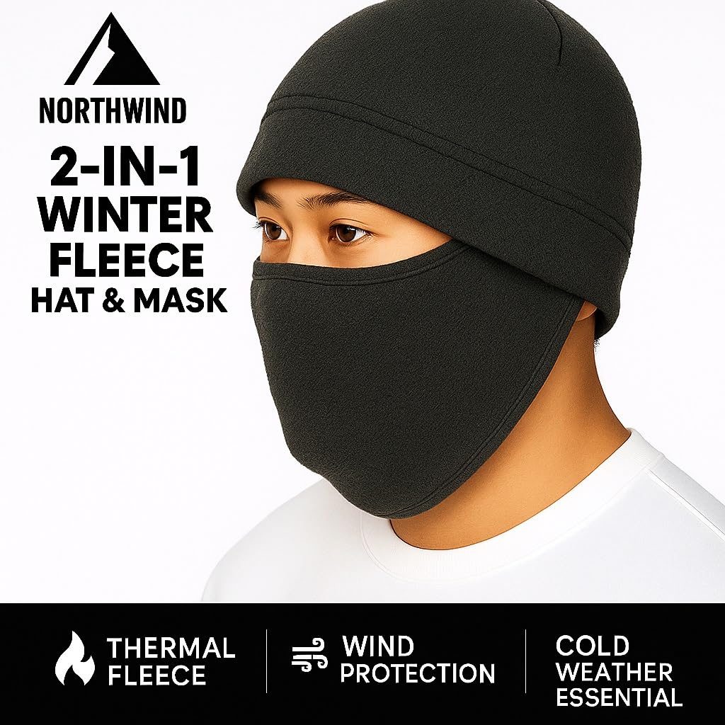 NORTHWIND Unisex Fleece 2-in-1 Hat Winter mask for Men Unisex Polar Fleece Thick Warm Full Cover Face Mask Winter Cap ski mask Winter Accessories for Men Cold Weather (Black)