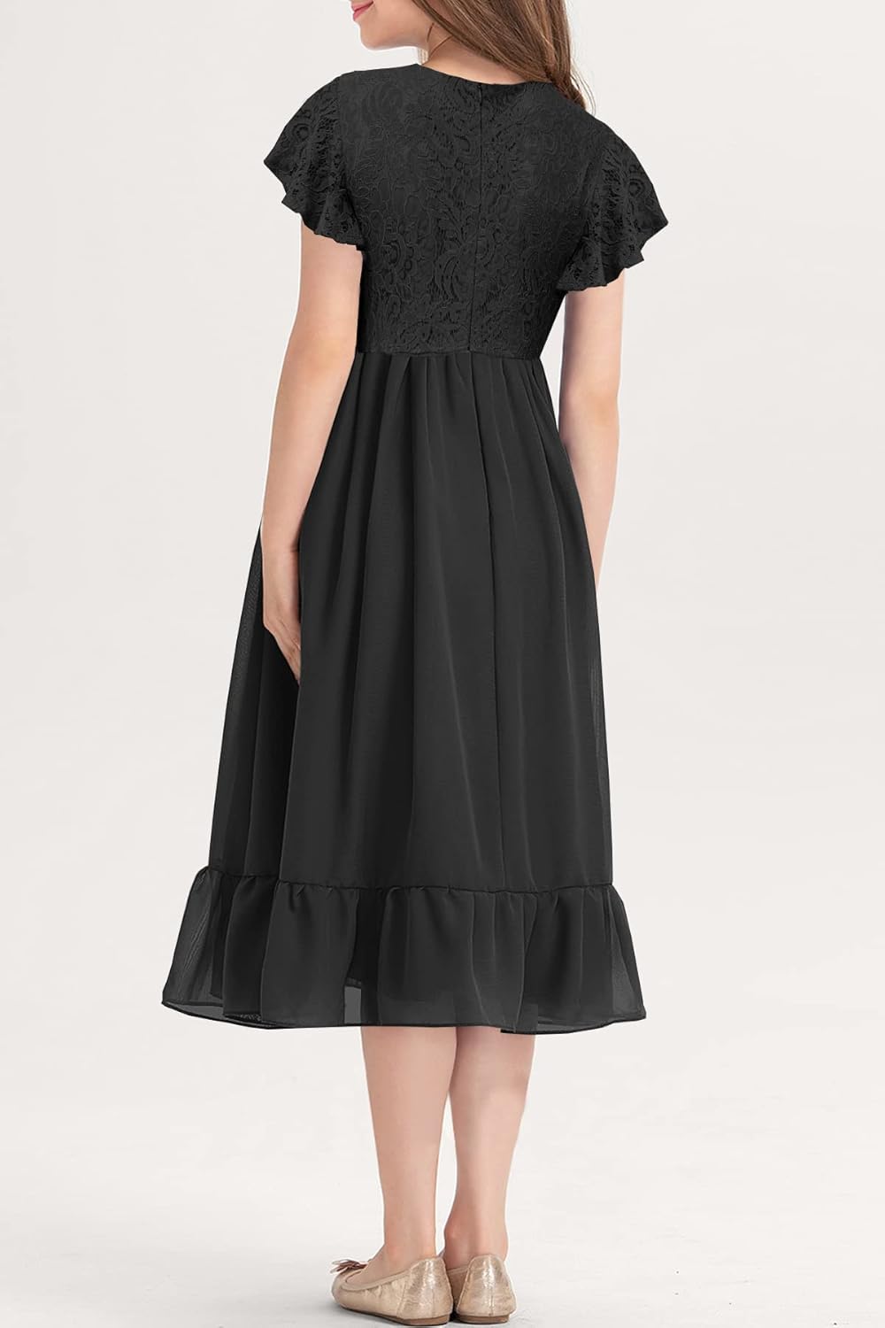 MITILLY Girls Elegant Lace Flower Crew Neck Ruffle Chiffon A-Line Flowy Birthday Party Midi Dress - Image 4
