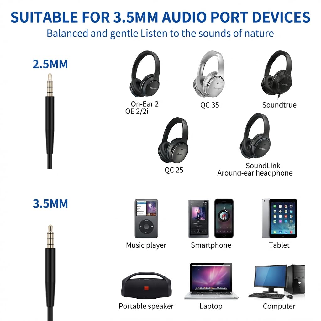 Câble Audio 3,5 mm vers 2,5 mm Compatible Bose 700 QC25 QC35 QC35II QC45 Casque 700 JBL Tune 760NC 750BTNC
